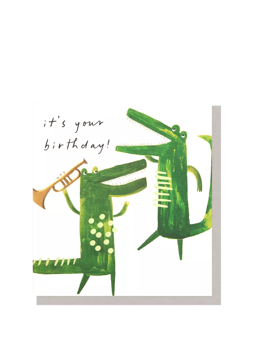 Caroline Gardner birthday card with crocodile and trumpet design (British brand)