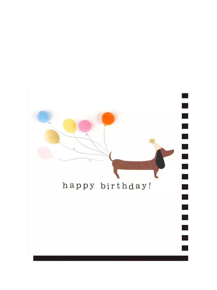 Caroline Gardner sausage dog pom poms birthday card, UK version