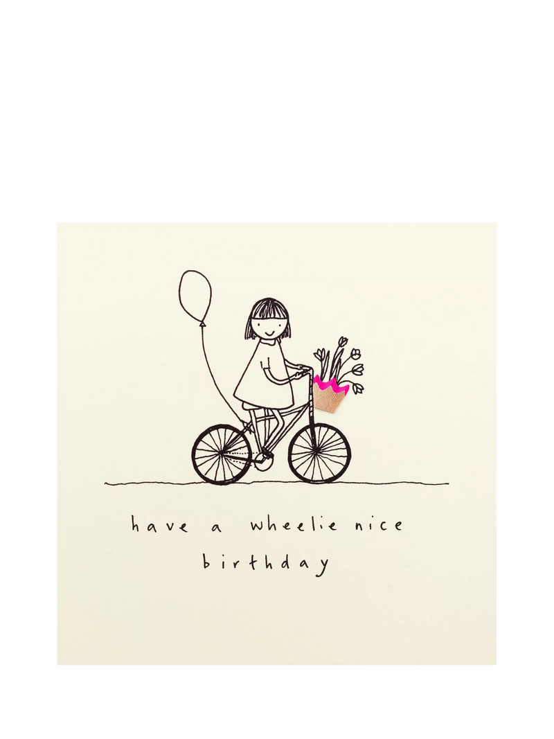 Ruth Jackson Wheelie birthday card with 3D embellishment - British product