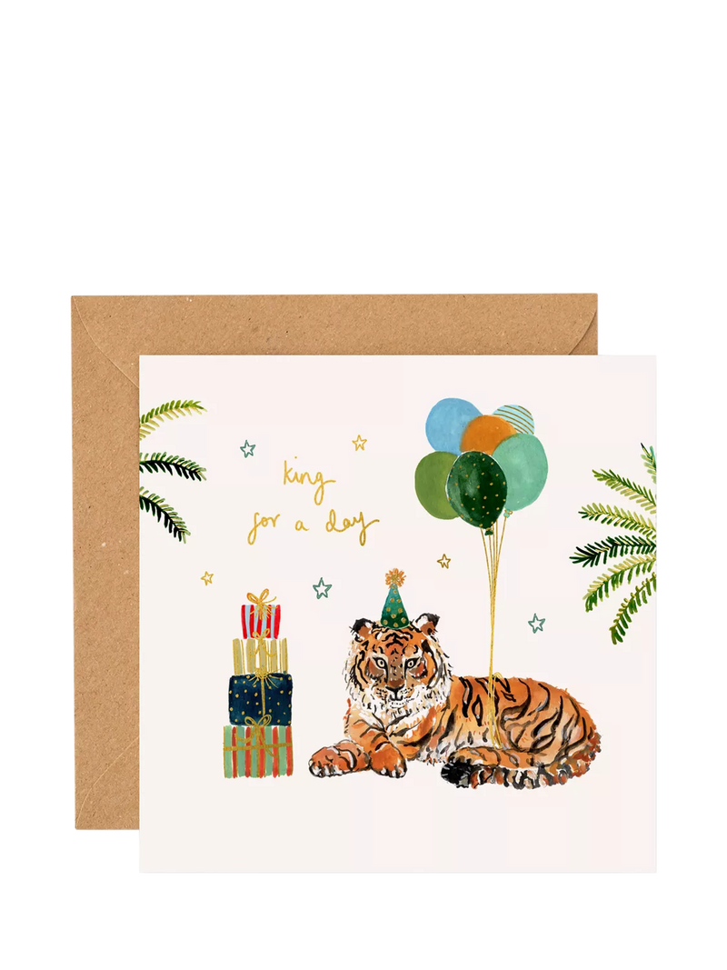 Louise Mulgrew tiger birthday card with brown envelope, imported from the UK