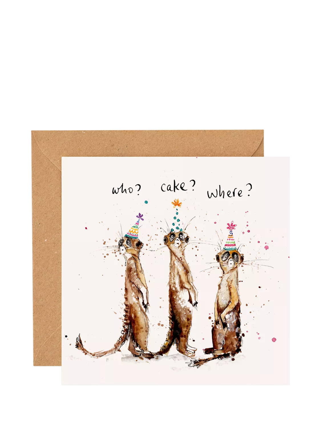 Louise Mulgrew Designs birthday card three meerkats, UK version