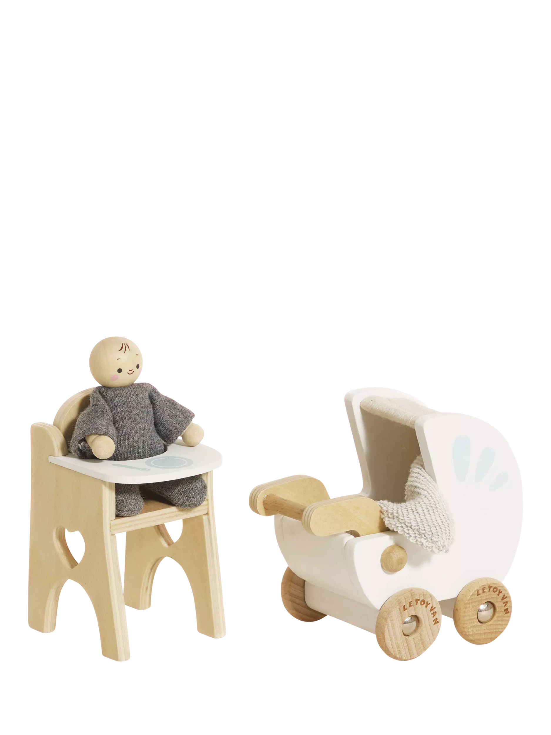 Le Toy Van wooden dollhouse nursery set with baby buggy and high chair (British brand)