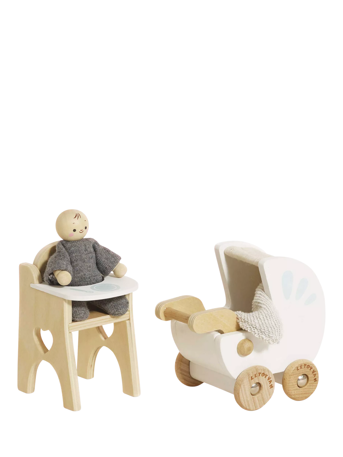 Le Toy Van wooden dollhouse nursery set with baby buggy and high chair (British brand)