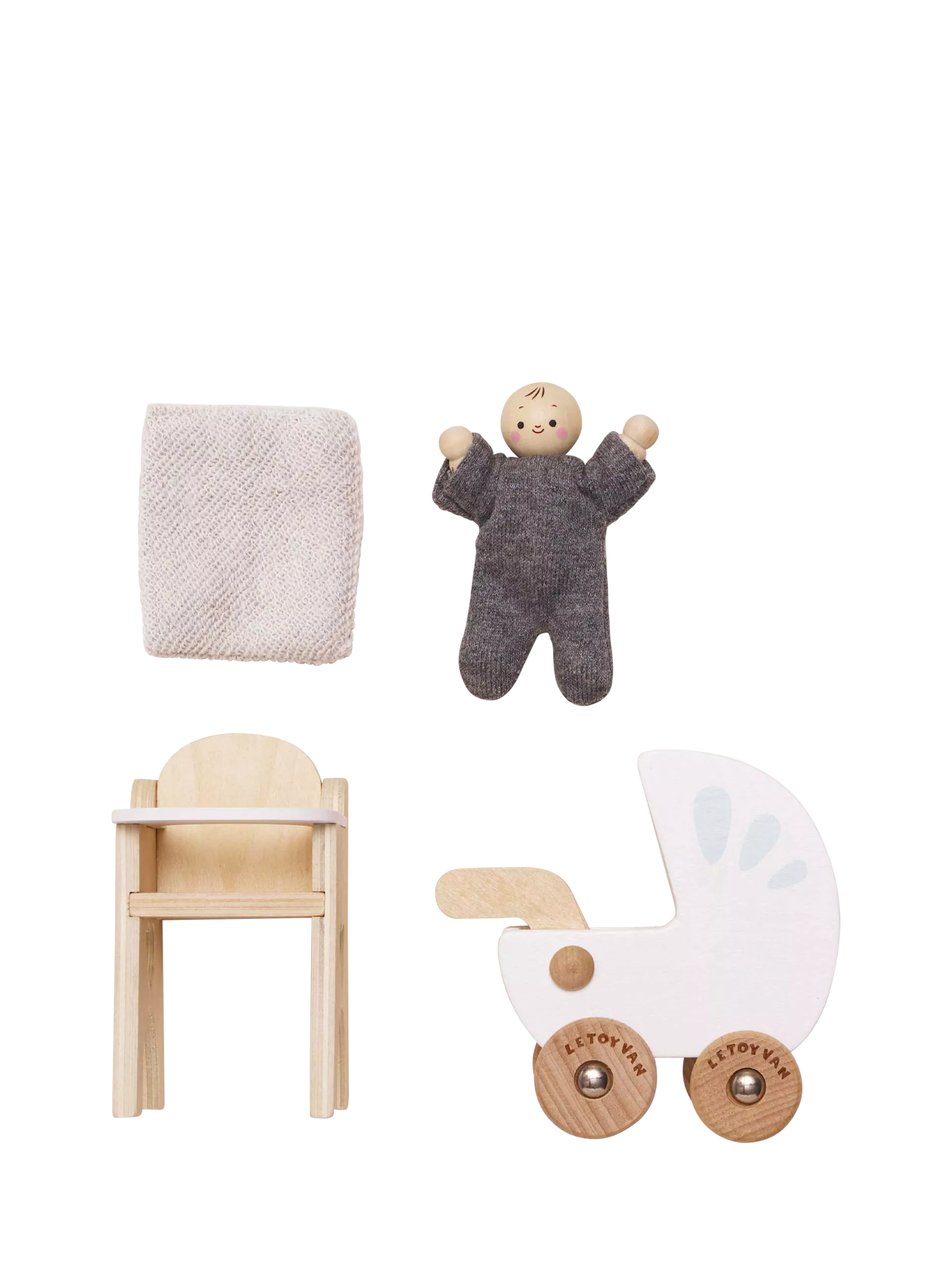 Le Toy Van wooden dollhouse nursery set with baby buggy and high chair (British brand)
