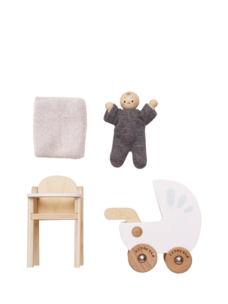 Le Toy Van wooden dollhouse nursery set with baby buggy and high chair (British brand)