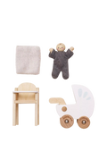 Le Toy Van wooden dollhouse nursery set with baby buggy and high chair (British brand)