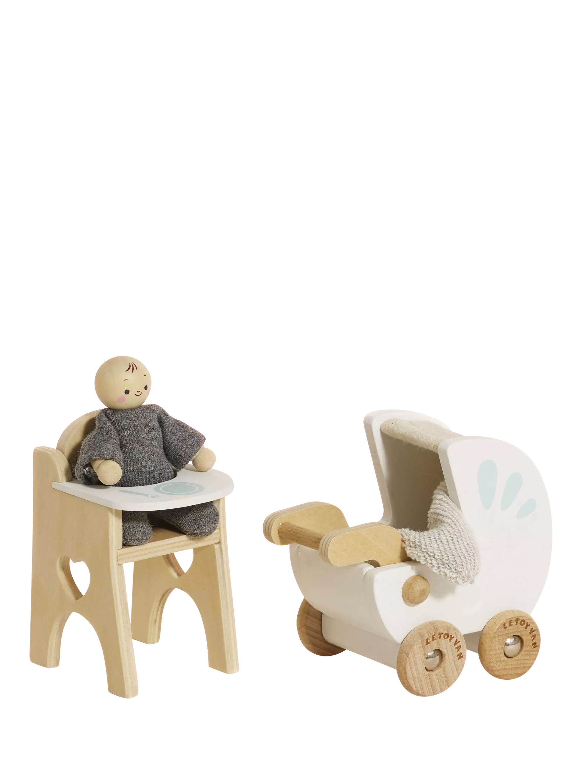 Le Toy Van wooden dollhouse nursery set with baby buggy and high chair (British brand)