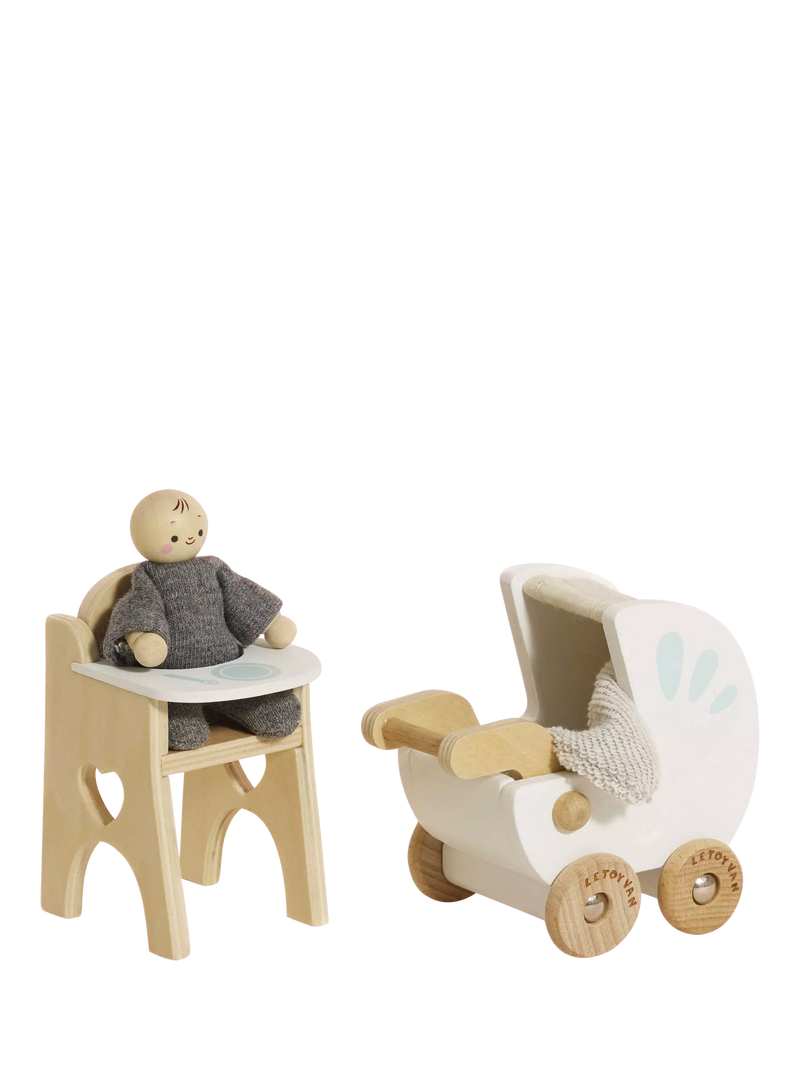Le Toy Van wooden dollhouse nursery set with baby buggy and high chair (British brand)