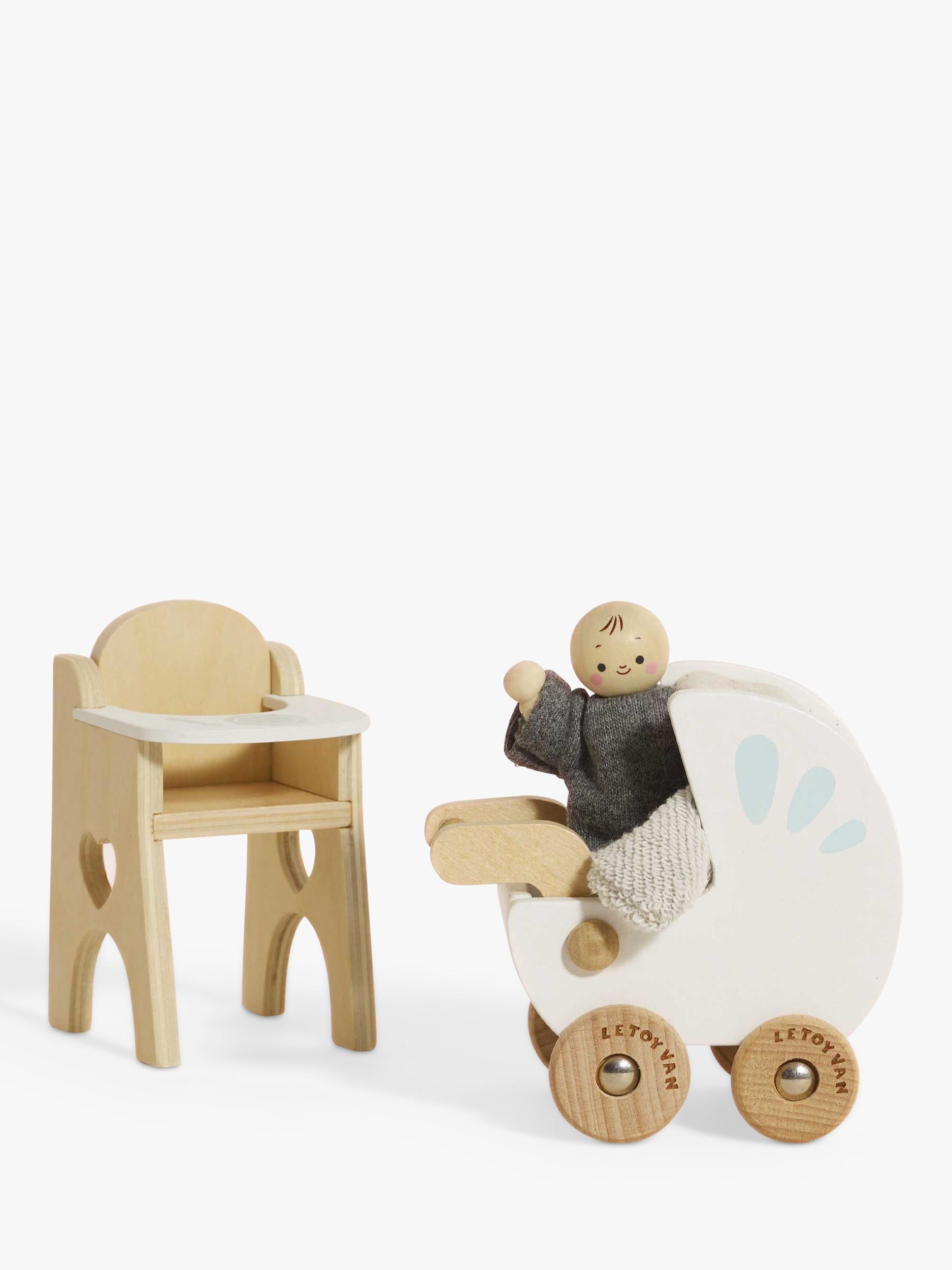 Le Toy Van wooden dollhouse nursery set with baby buggy and high chair (British brand)