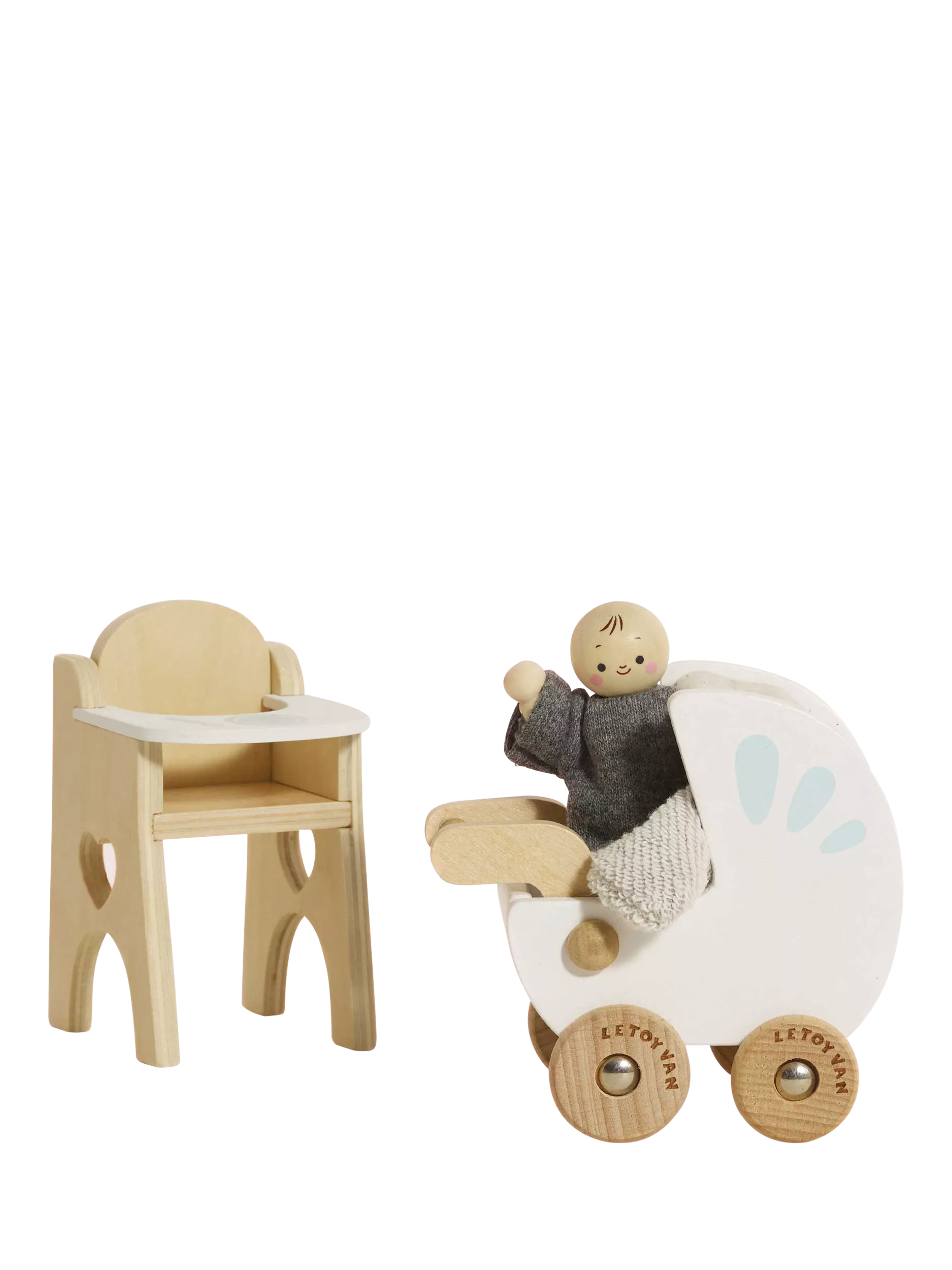 Le Toy Van wooden dollhouse nursery set with baby buggy and high chair (British brand)