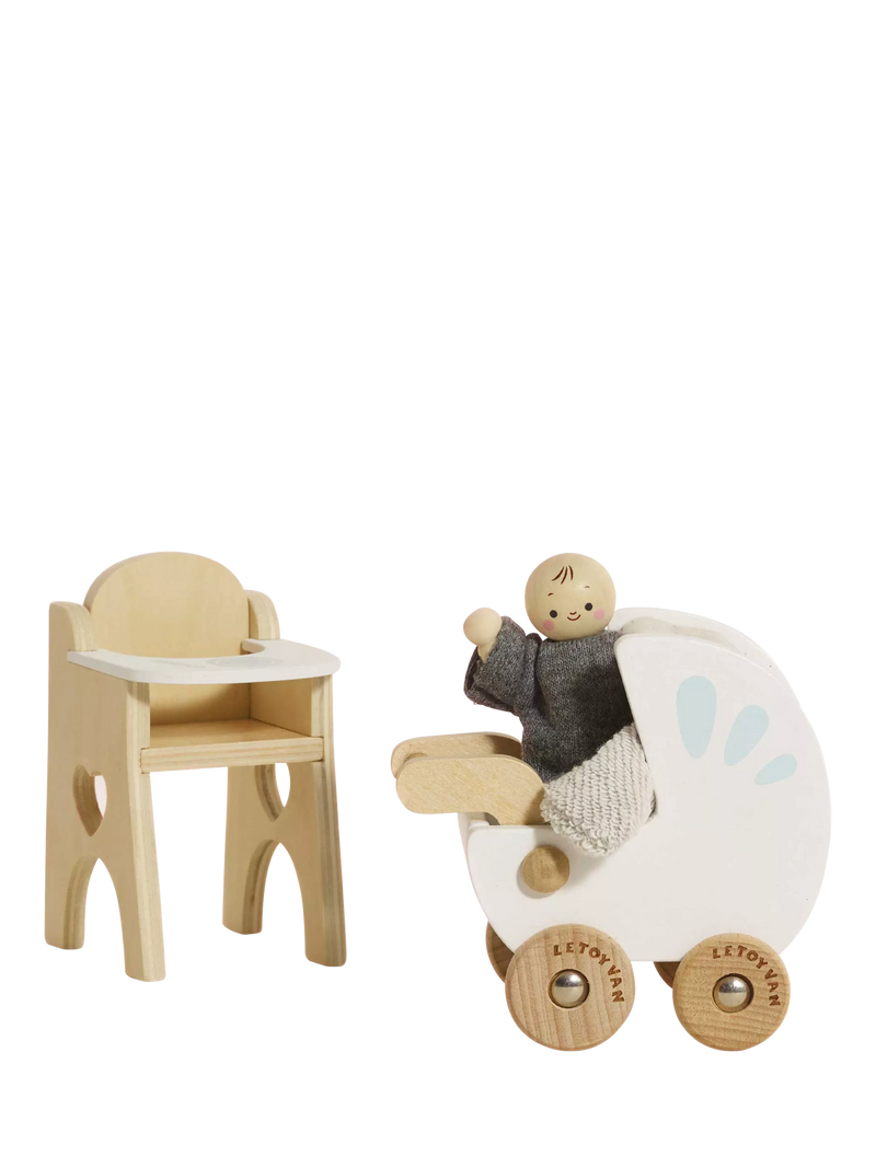 Le Toy Van wooden dollhouse nursery set with baby buggy and high chair (British brand)