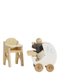 Le Toy Van wooden dollhouse nursery set with baby buggy and high chair (British brand)