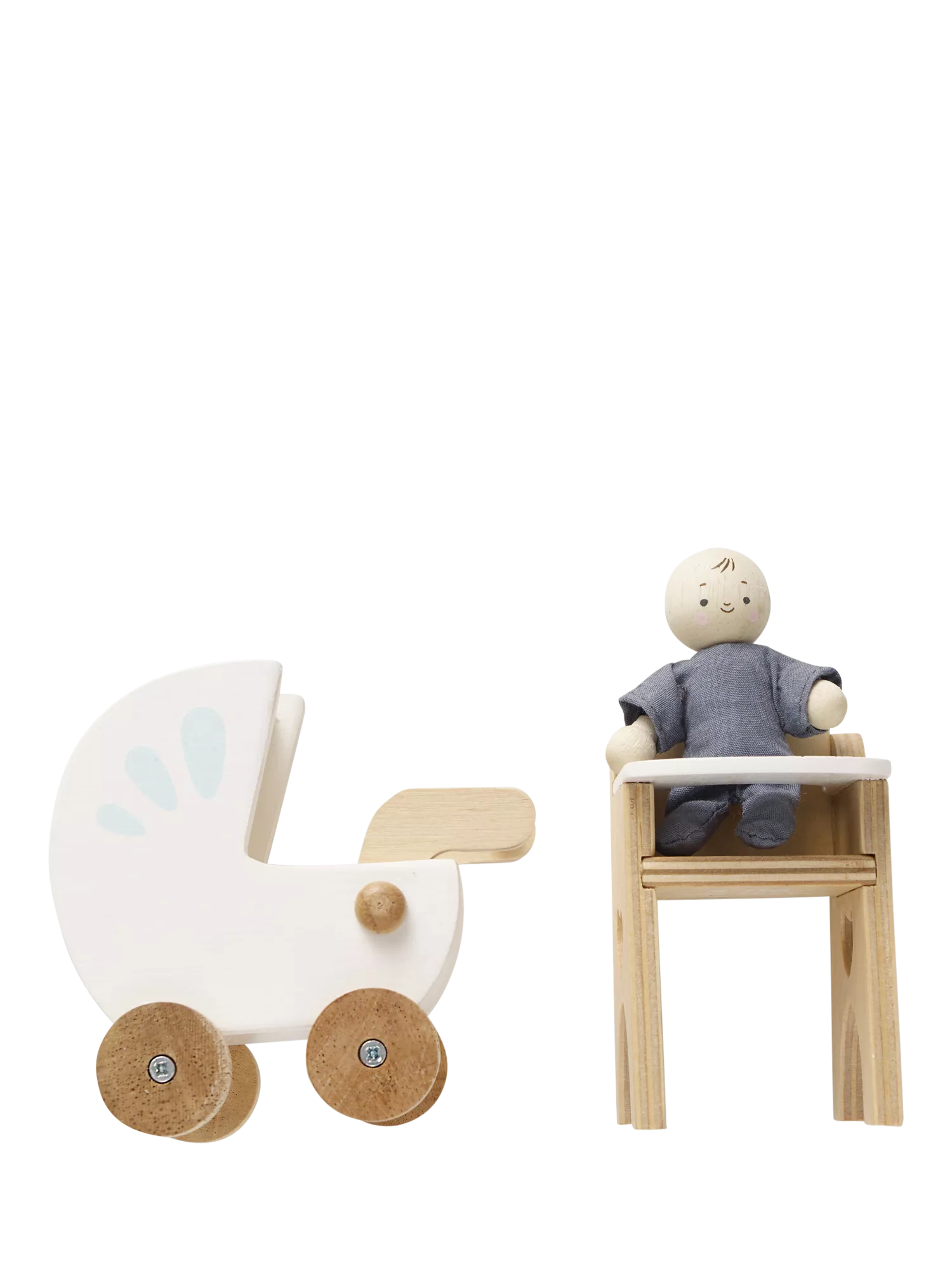 Le Toy Van wooden dollhouse nursery set with baby buggy and high chair (British brand)