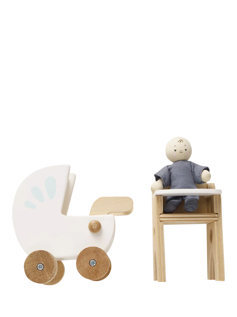 Le Toy Van wooden dollhouse nursery set with baby buggy and high chair (British brand)