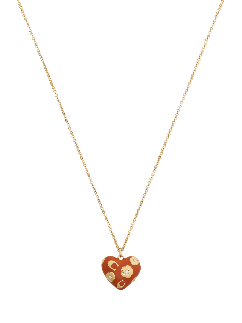 Coach gold toned floral heart necklace brown pendant - British product