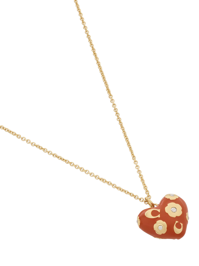 Coach gold toned floral heart necklace brown pendant - British product