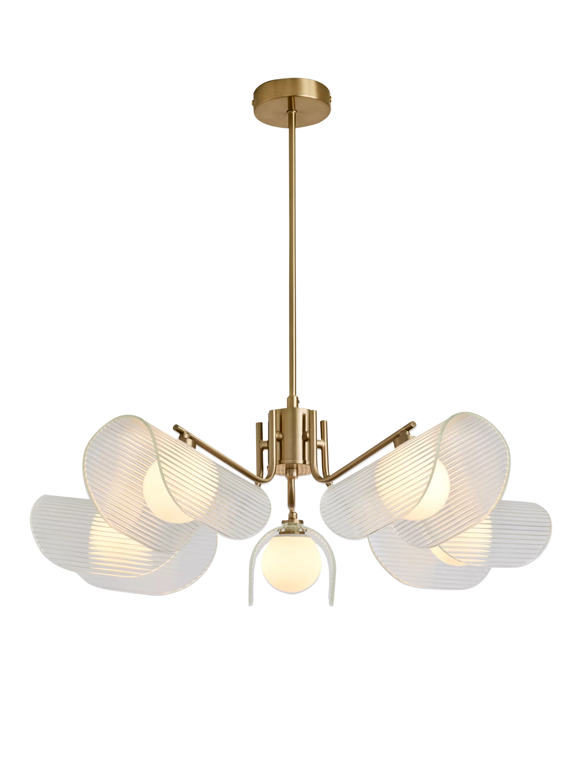 MADE brass chandelier with five fan-shaped glass shades - British product