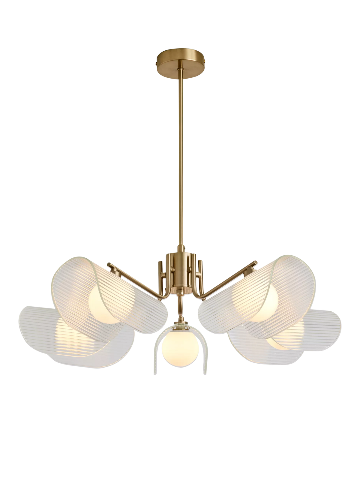 MADE brass chandelier with five fan-shaped glass shades - British product