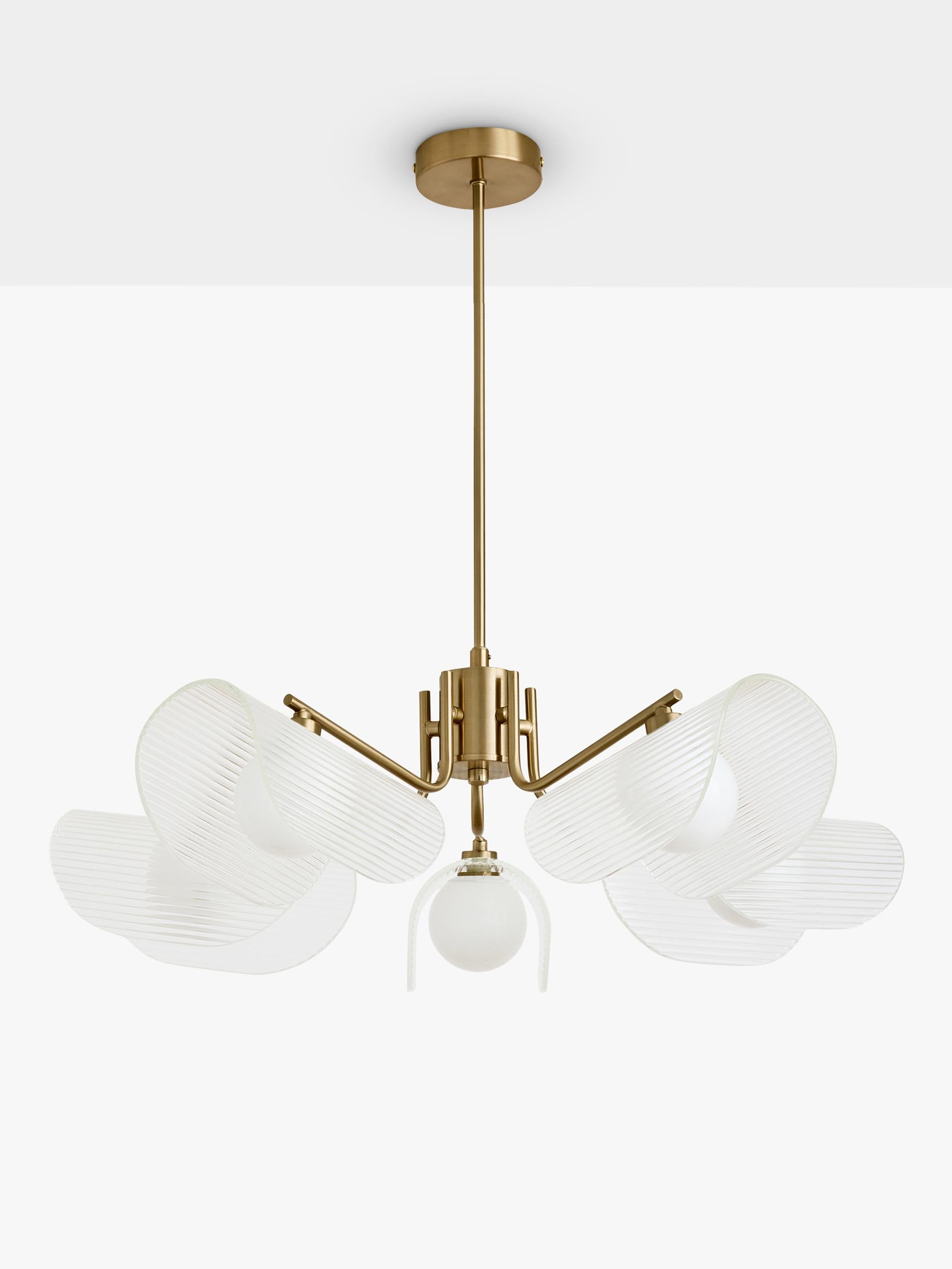 MADE brass chandelier with five fan-shaped glass shades - British product