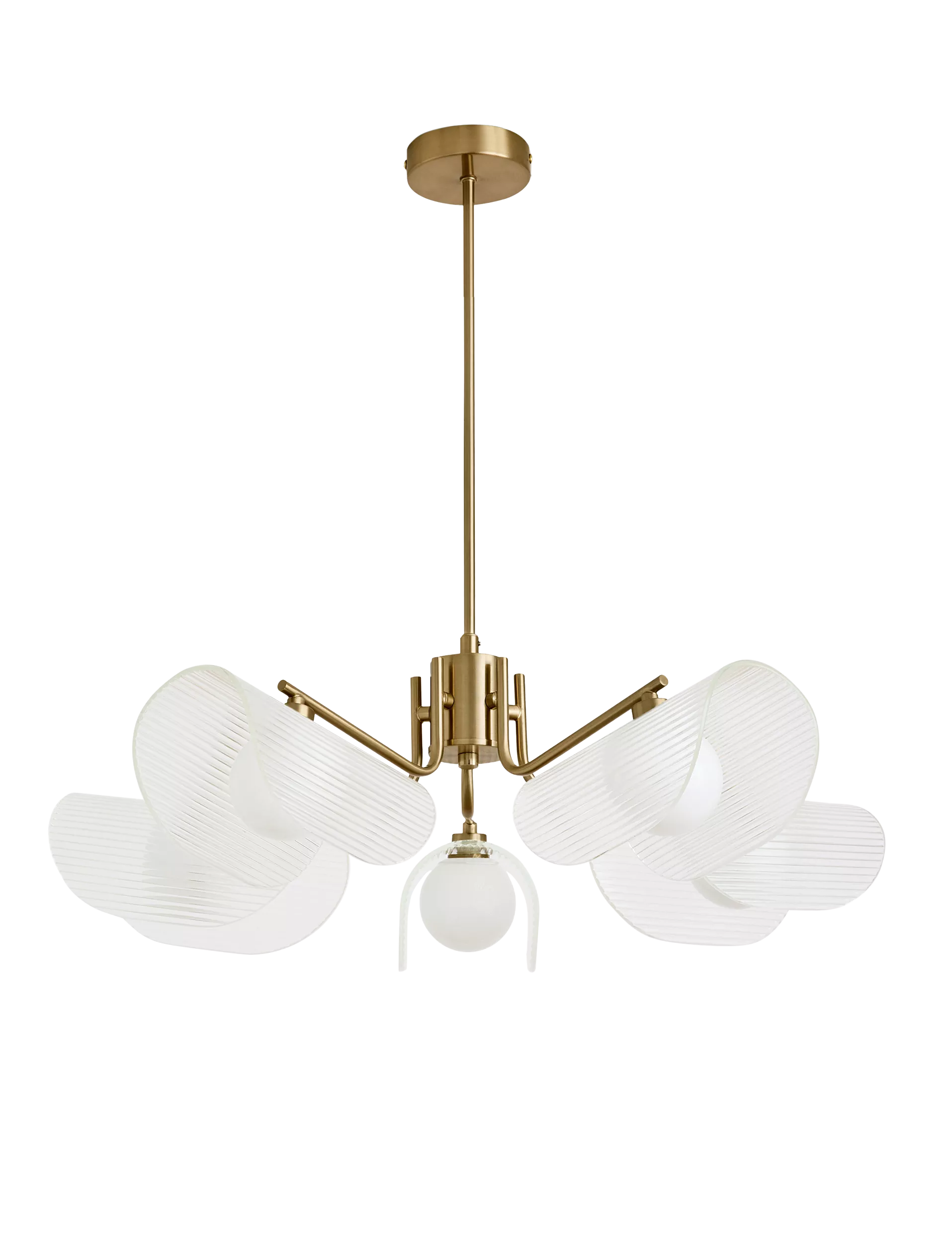 MADE brass chandelier with five fan-shaped glass shades - British product
