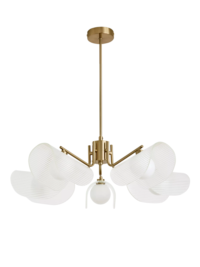 MADE brass chandelier with five fan-shaped glass shades - British product