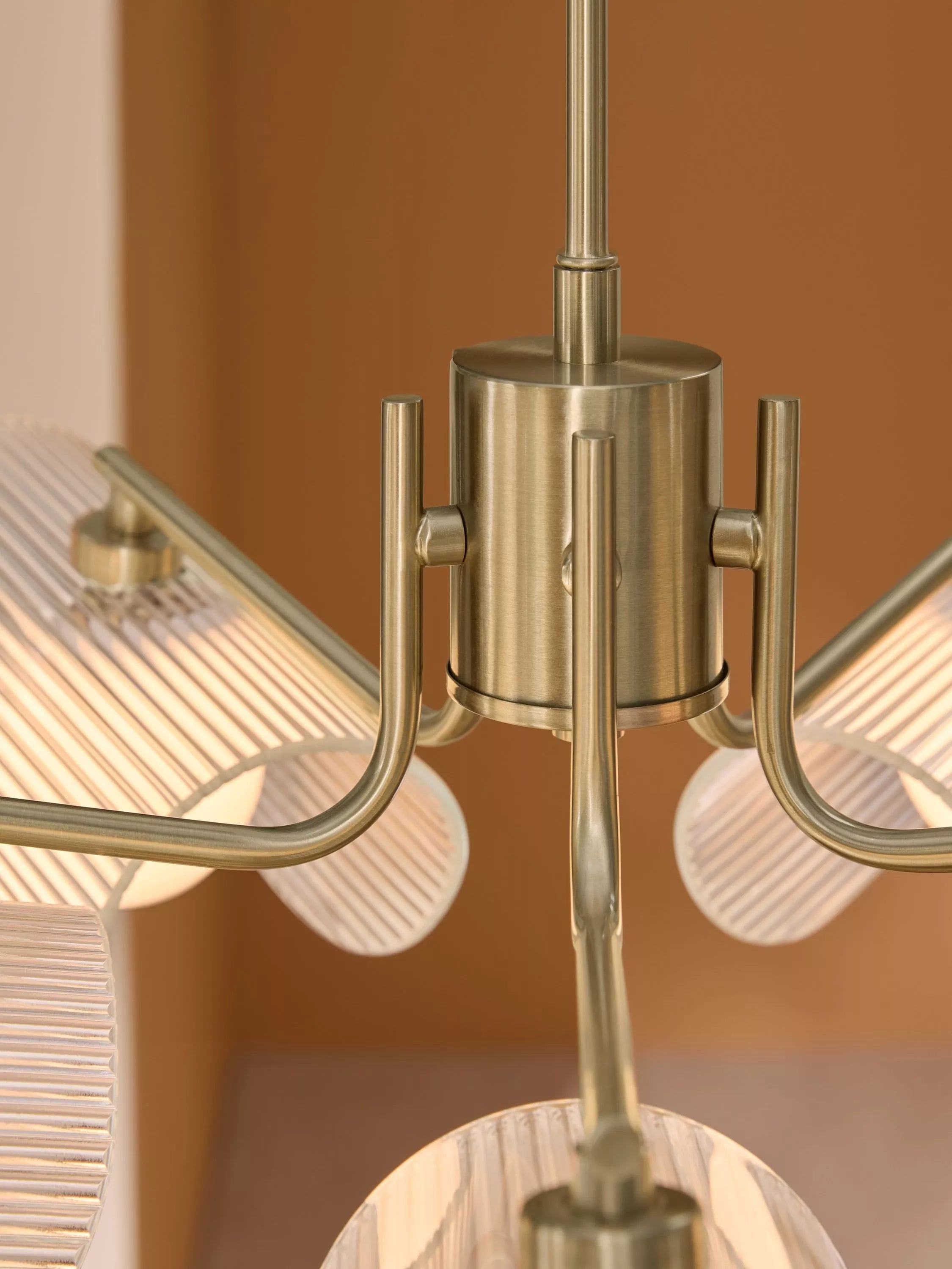 MADE brass chandelier with five fan-shaped glass shades - British product