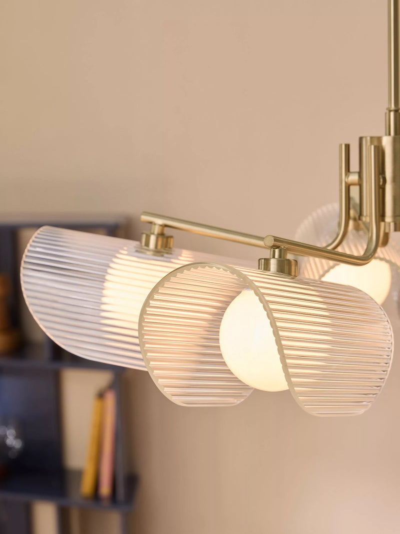 MADE brass chandelier with five fan-shaped glass shades - British product