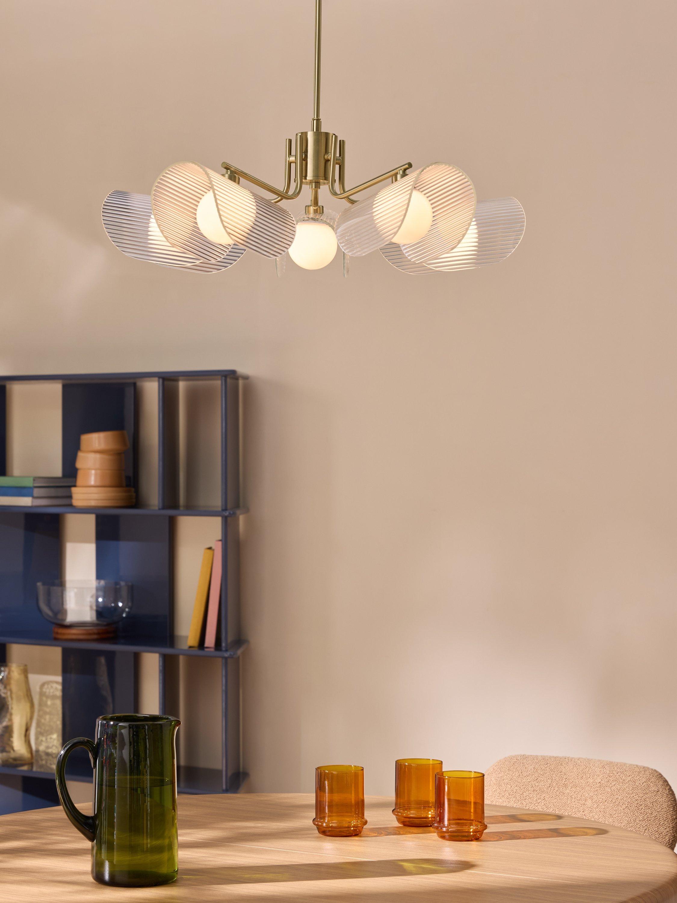 MADE brass chandelier with five fan-shaped glass shades - British product