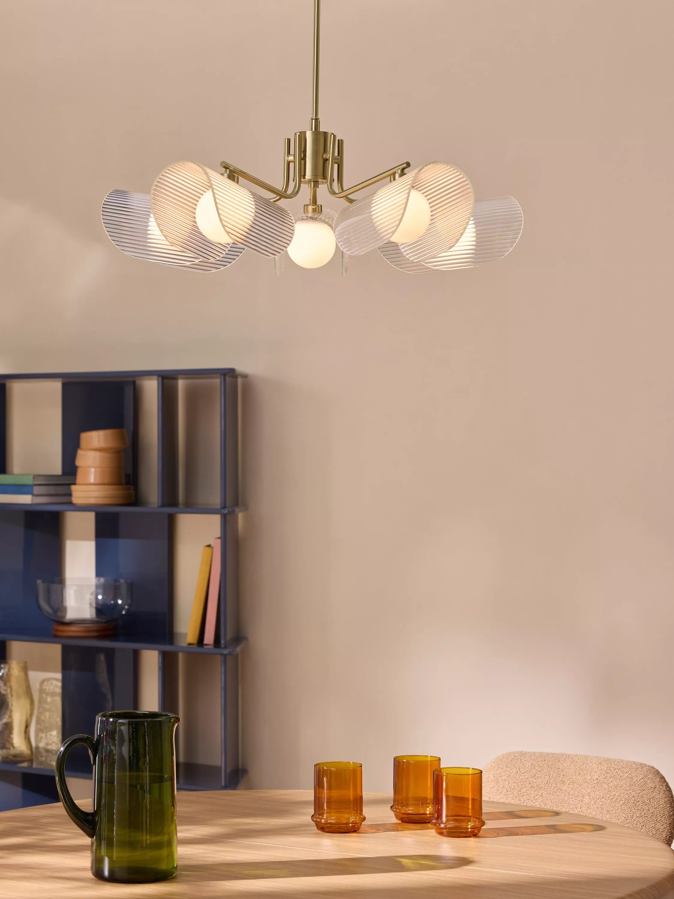 MADE brass chandelier with five fan-shaped glass shades - British product