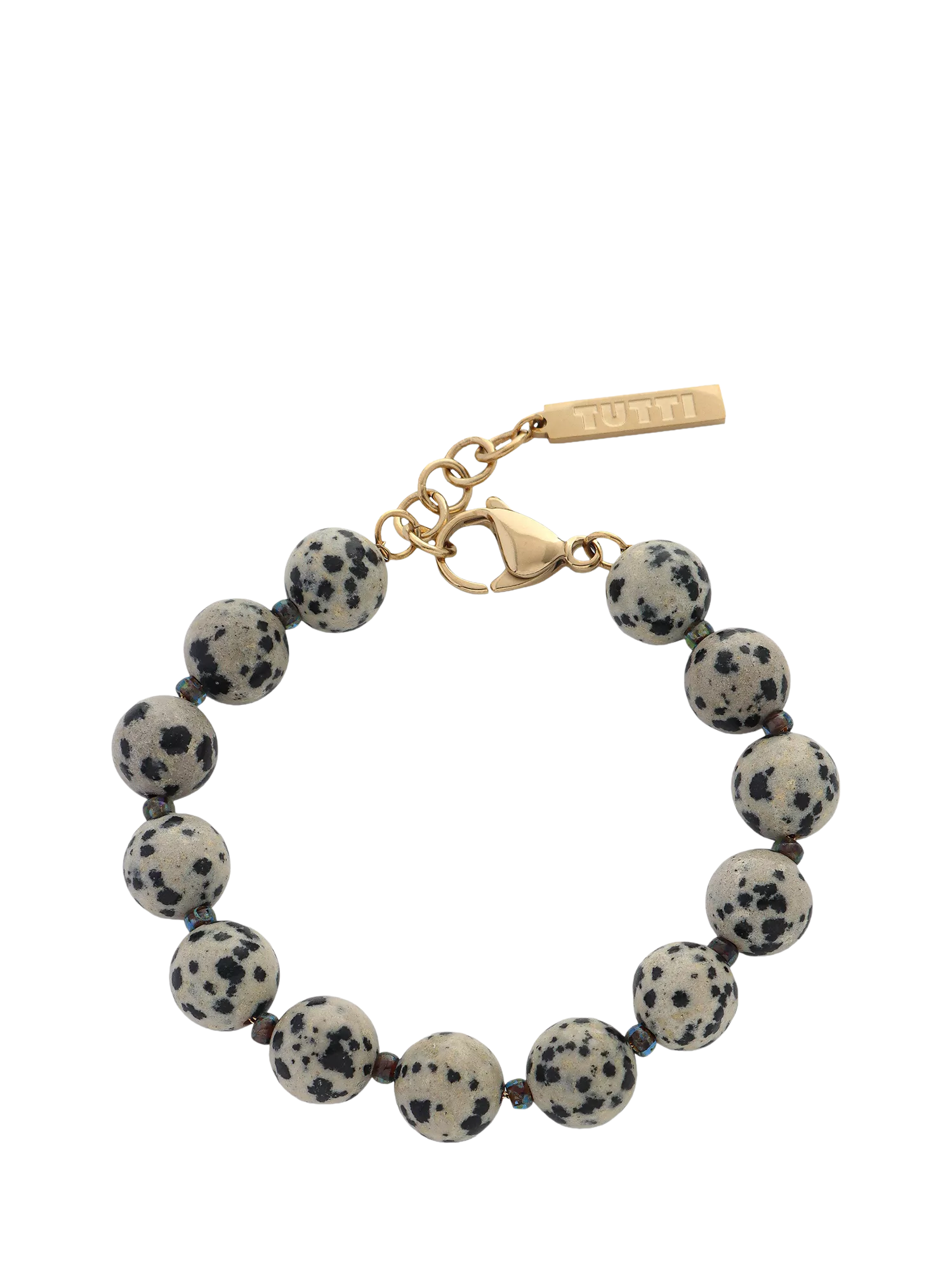 TUTTI Dalmatian Jasper stone beaded bracelet 10mm beads gold plated, UK version