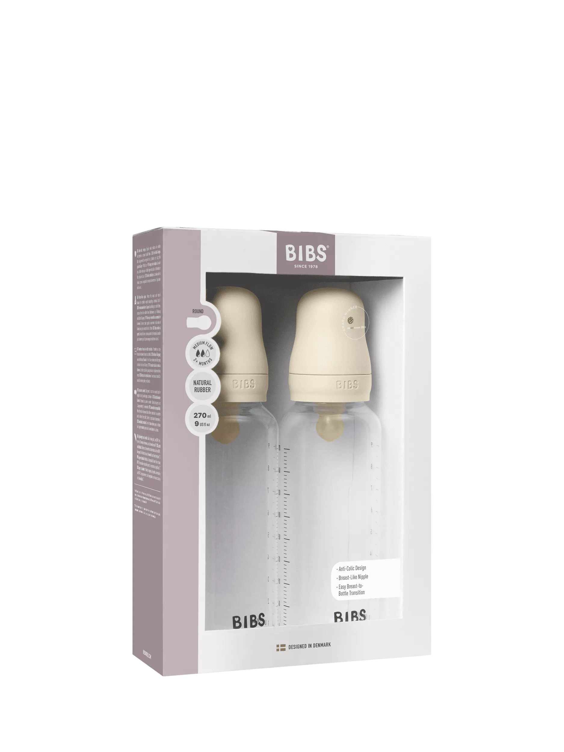 BIBS latex baby bottle medium flow pack of 2 270ml, imported from the UK