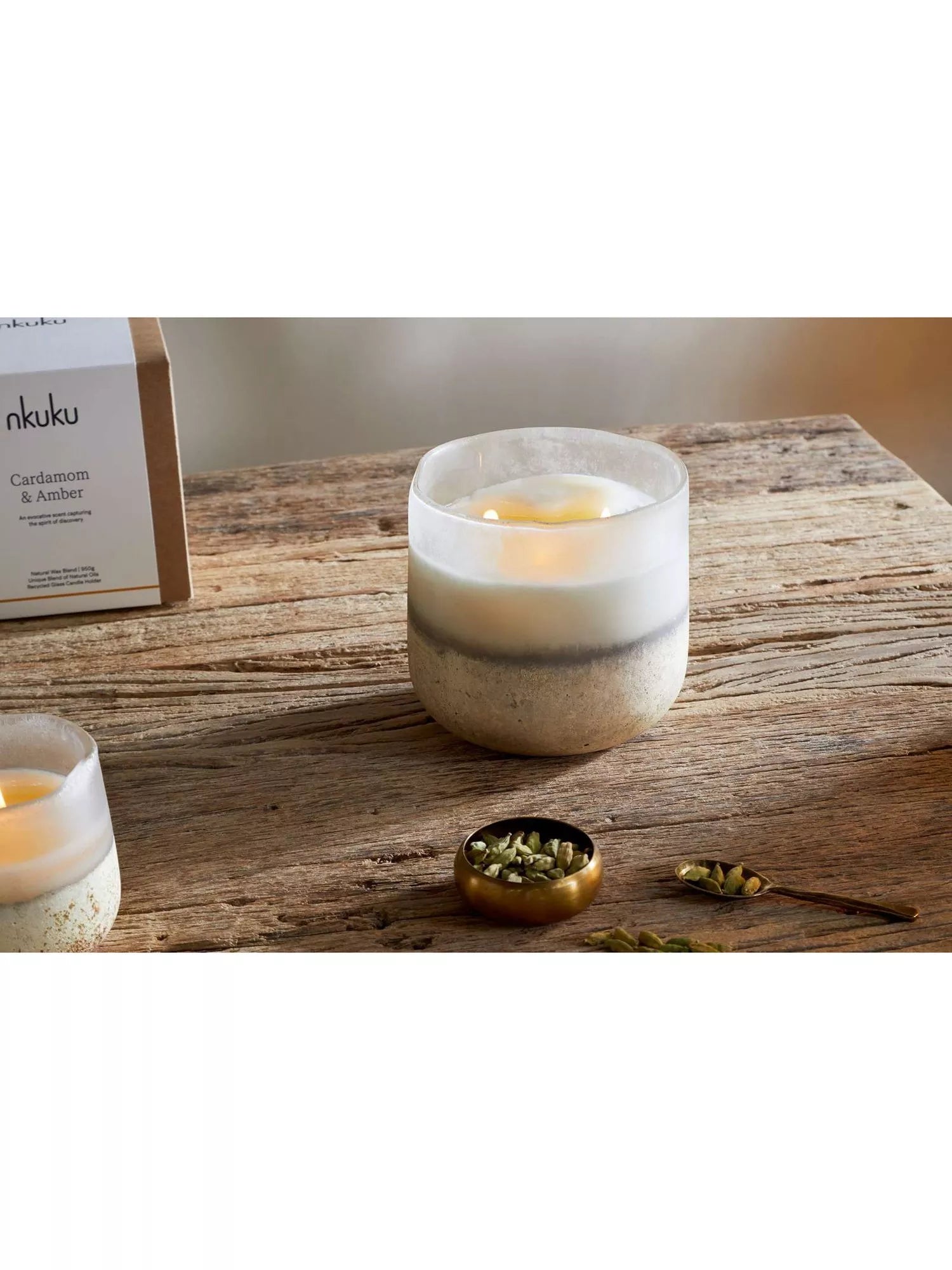 nkuku Cardamom & Amber 3 wick scented candle, imported from the UK
