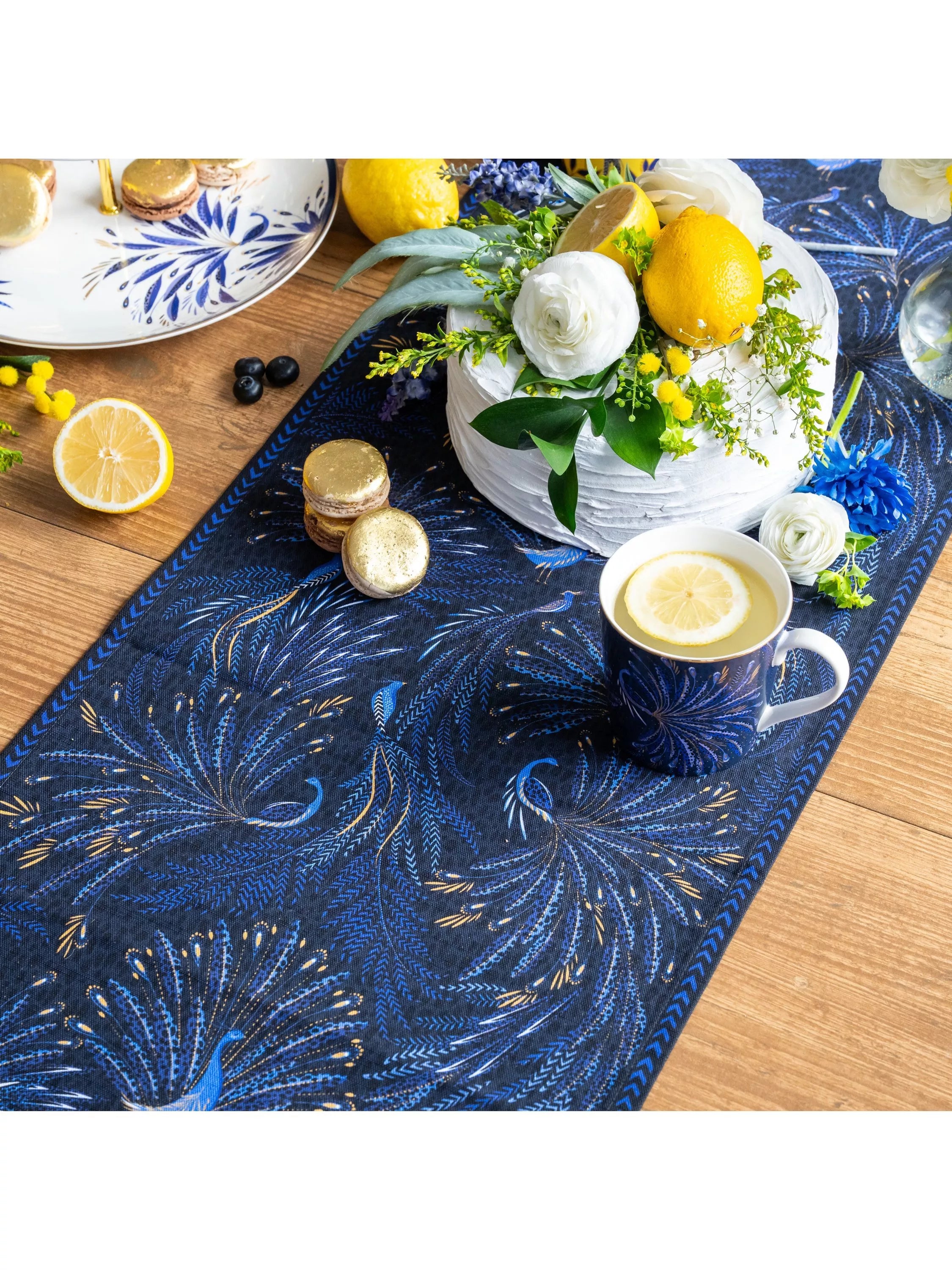 Sara Miller Peacock Parade cotton table runner 260cm dark blue, imported from the UK