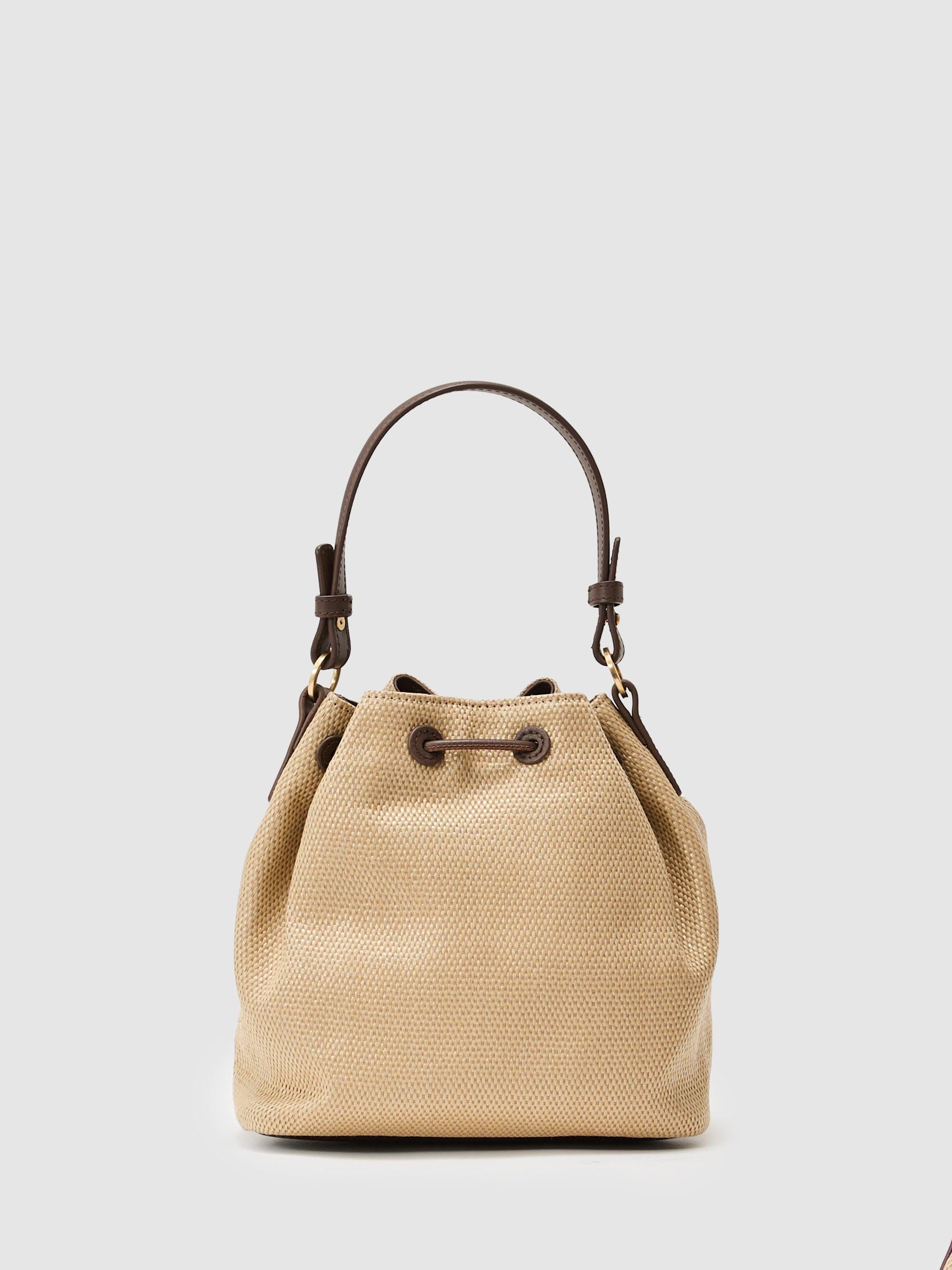 Reiss Evie natural bucket bag woven raffia-effect leather trim, imported from the UK