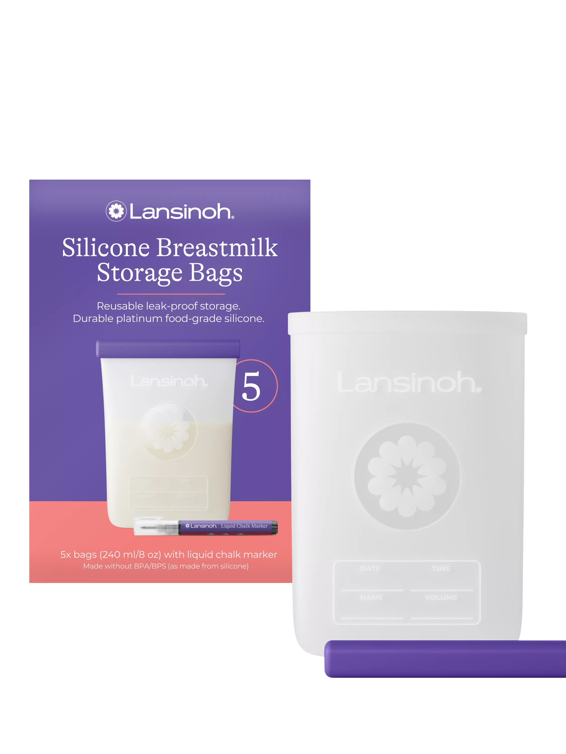 Lansinoh reusable silicone breastmilk bags 240ml pack of 5 (British brand)