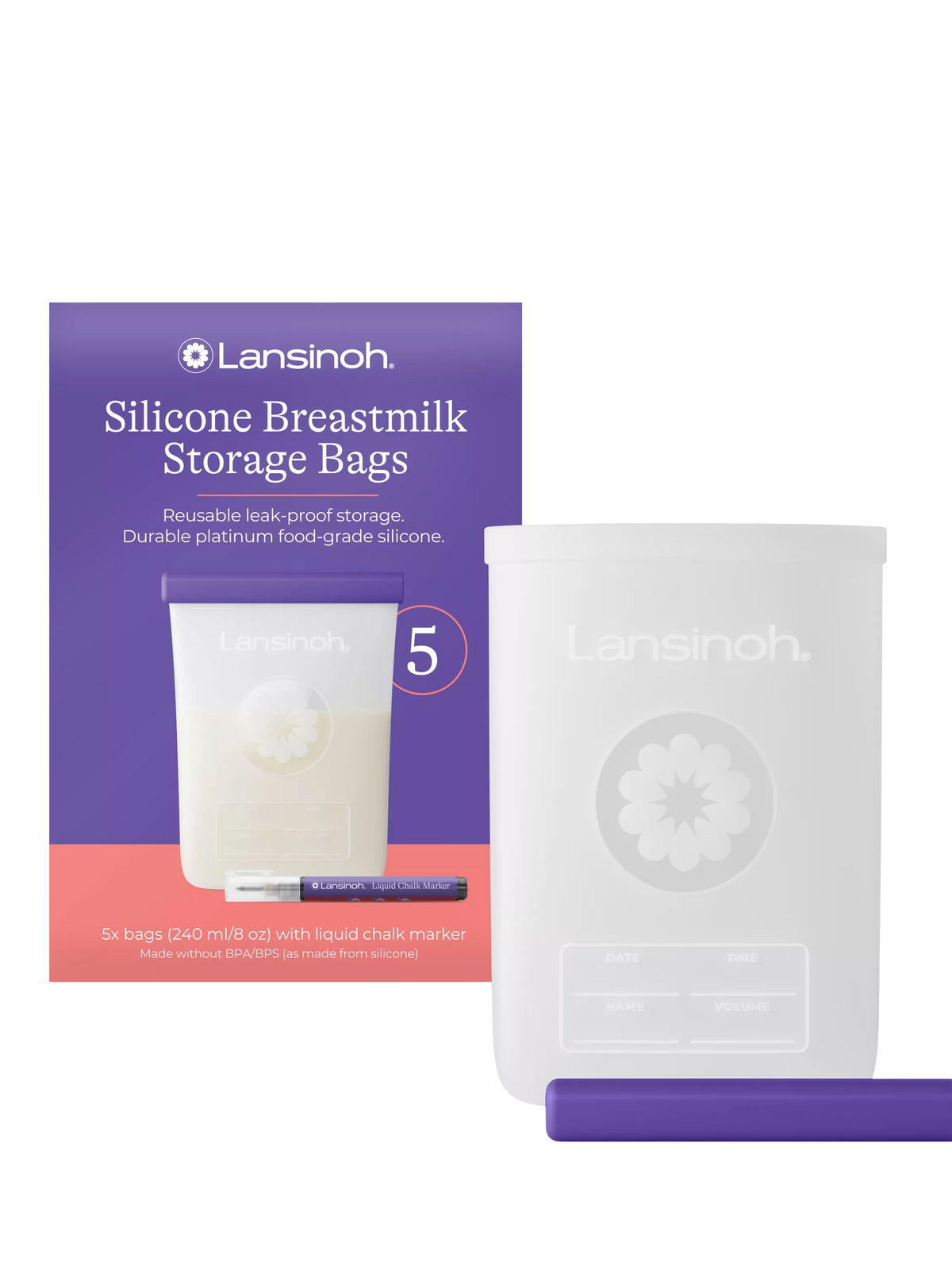 Lansinoh reusable silicone breastmilk bags 240ml pack of 5 (British brand)