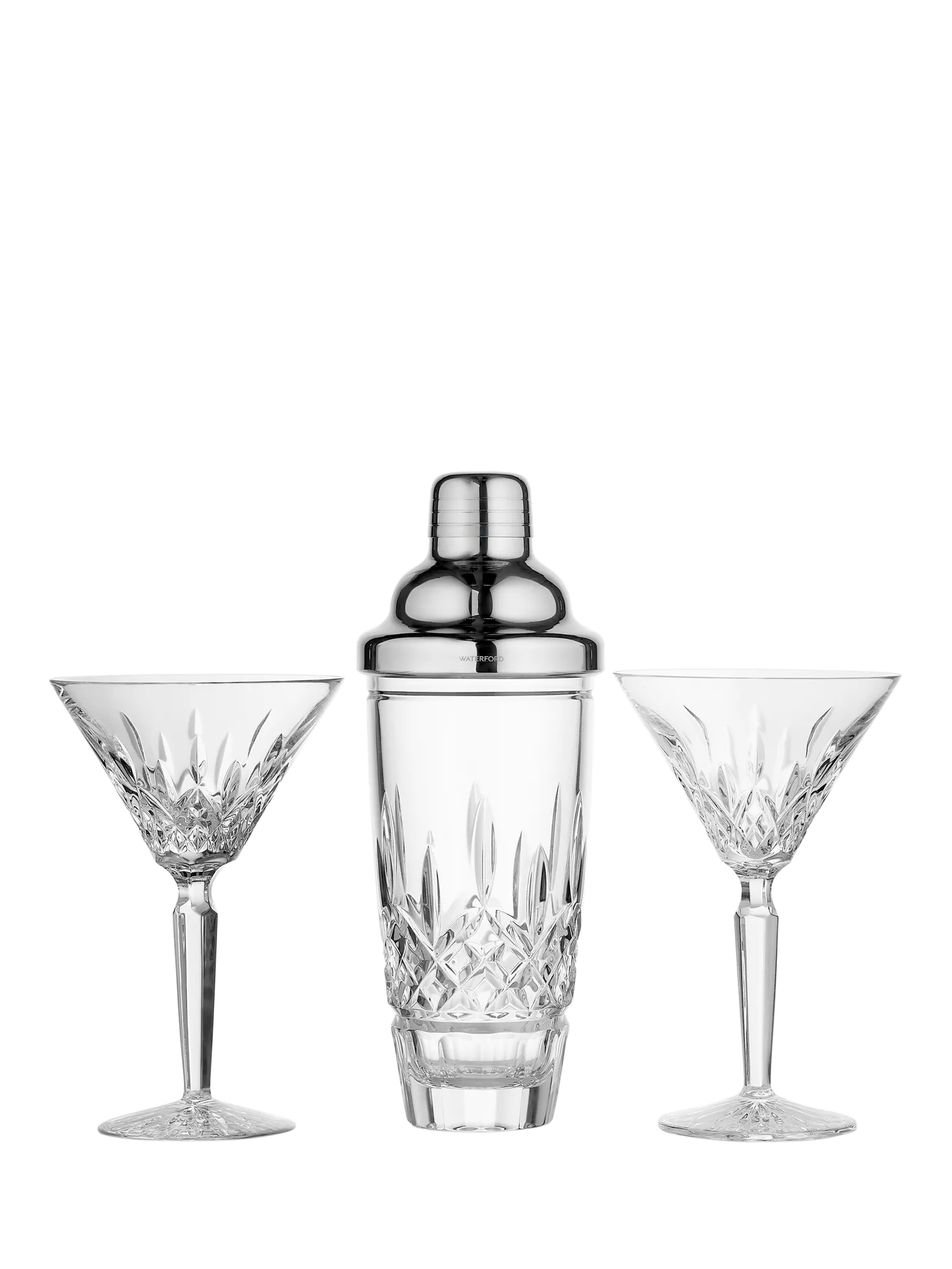 Waterford Lismore crystal cocktail shaker and martini glass set, imported from the UK