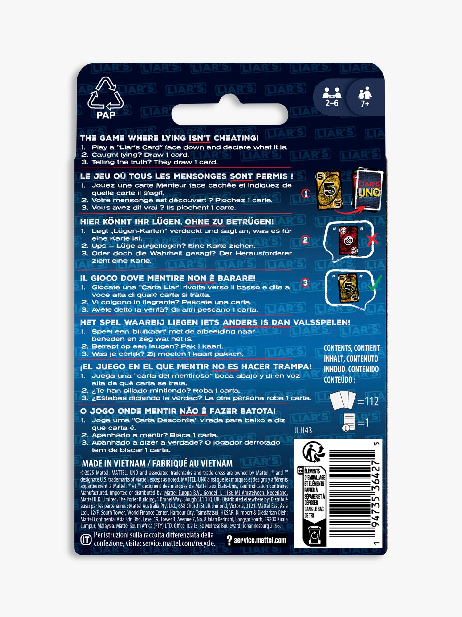 Mattel UNO Liars card game for 2 players (British brand)