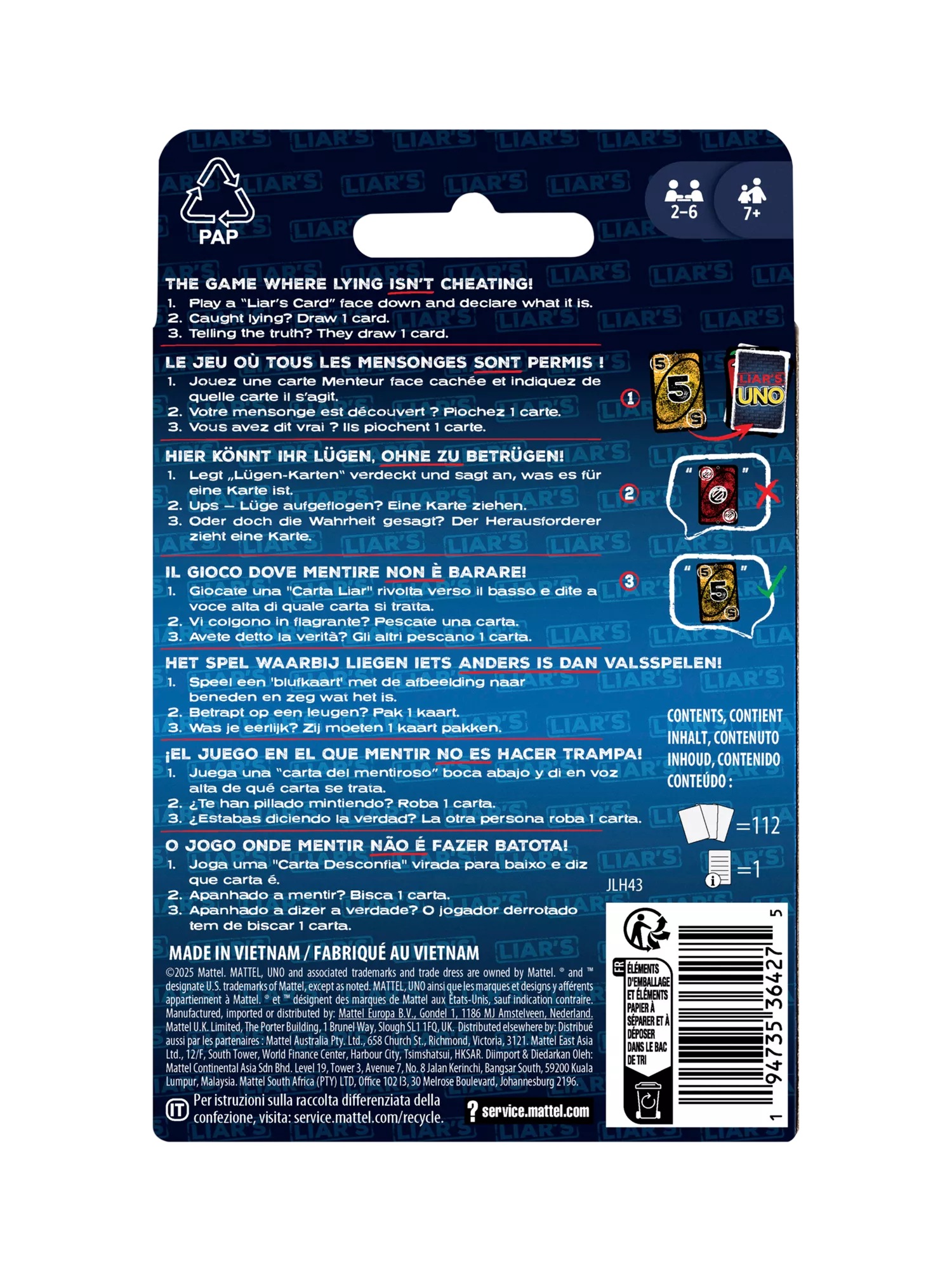 Mattel UNO Liars card game for 2 players (British brand)