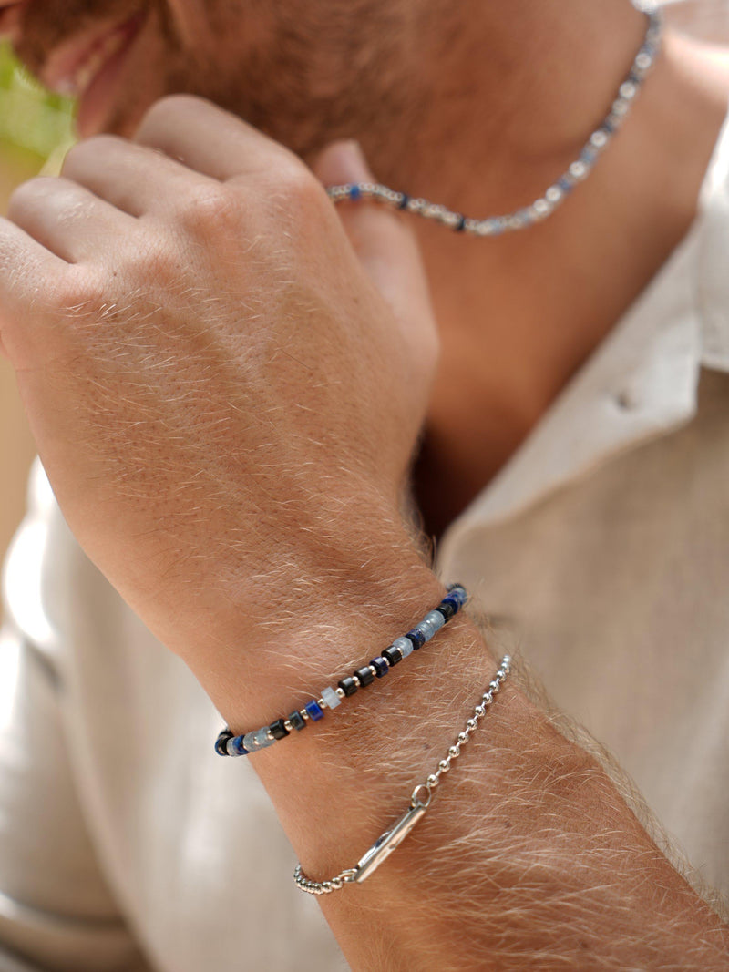 BARTLETT LONDON silver plated beaded bracelet blue silver 19cm, UK version