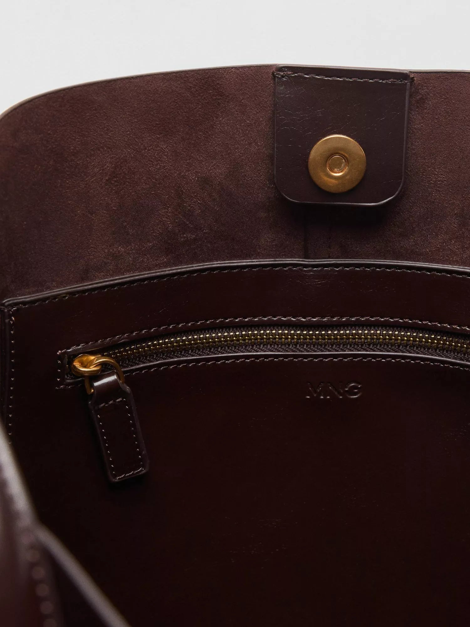 Mango Antonia shoulder bag dark brown with gold-tone hardware, UK version