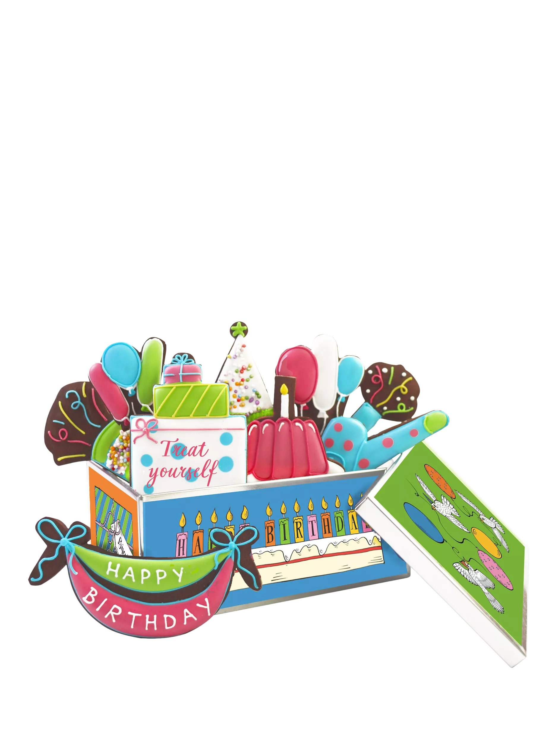 Biscuiteers hand-iced chocolate biscuits birthday tin 150g, UK version