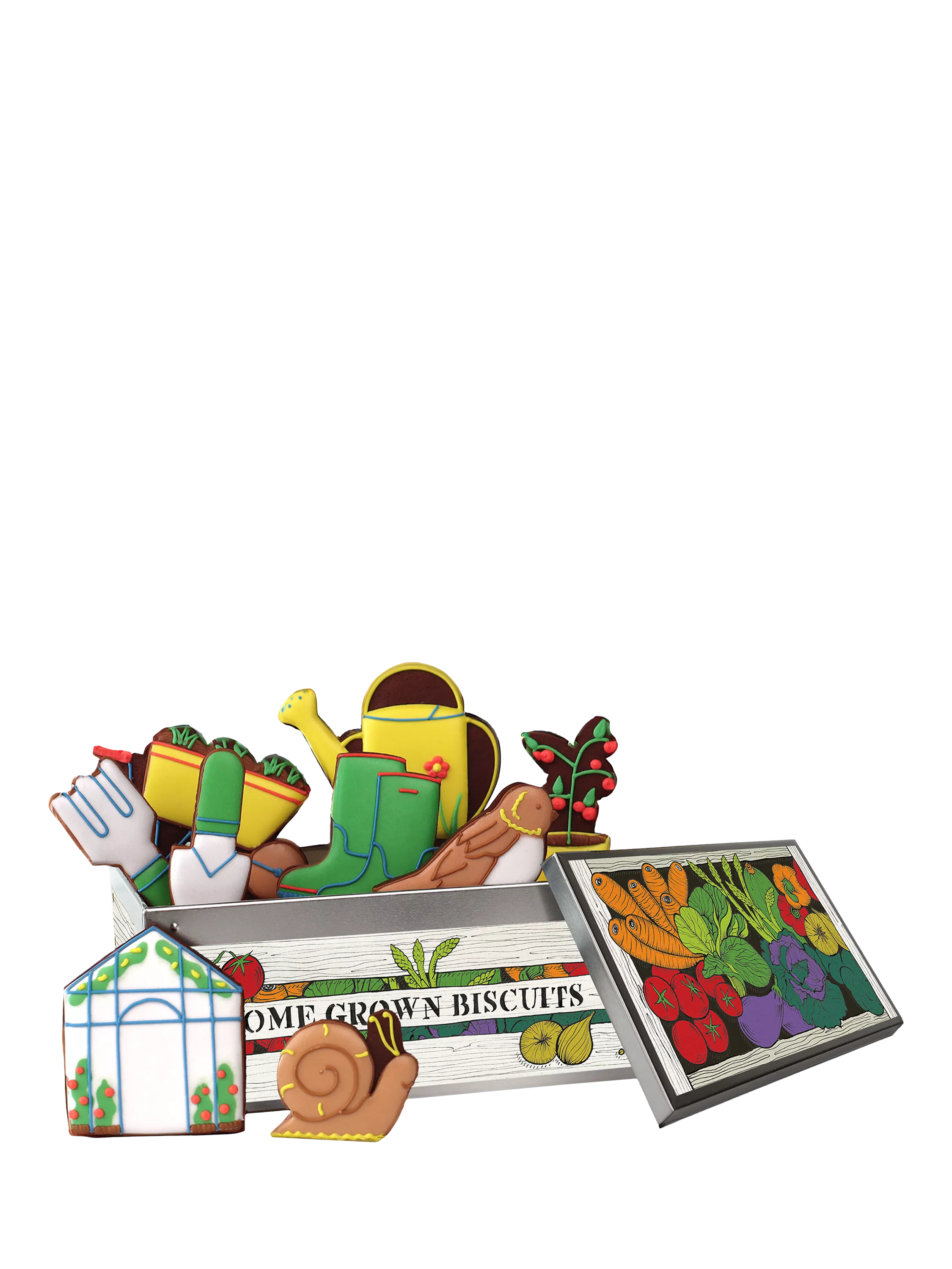 Biscuiteers gardening biscuit tin hand-iced 100g, imported from the UK