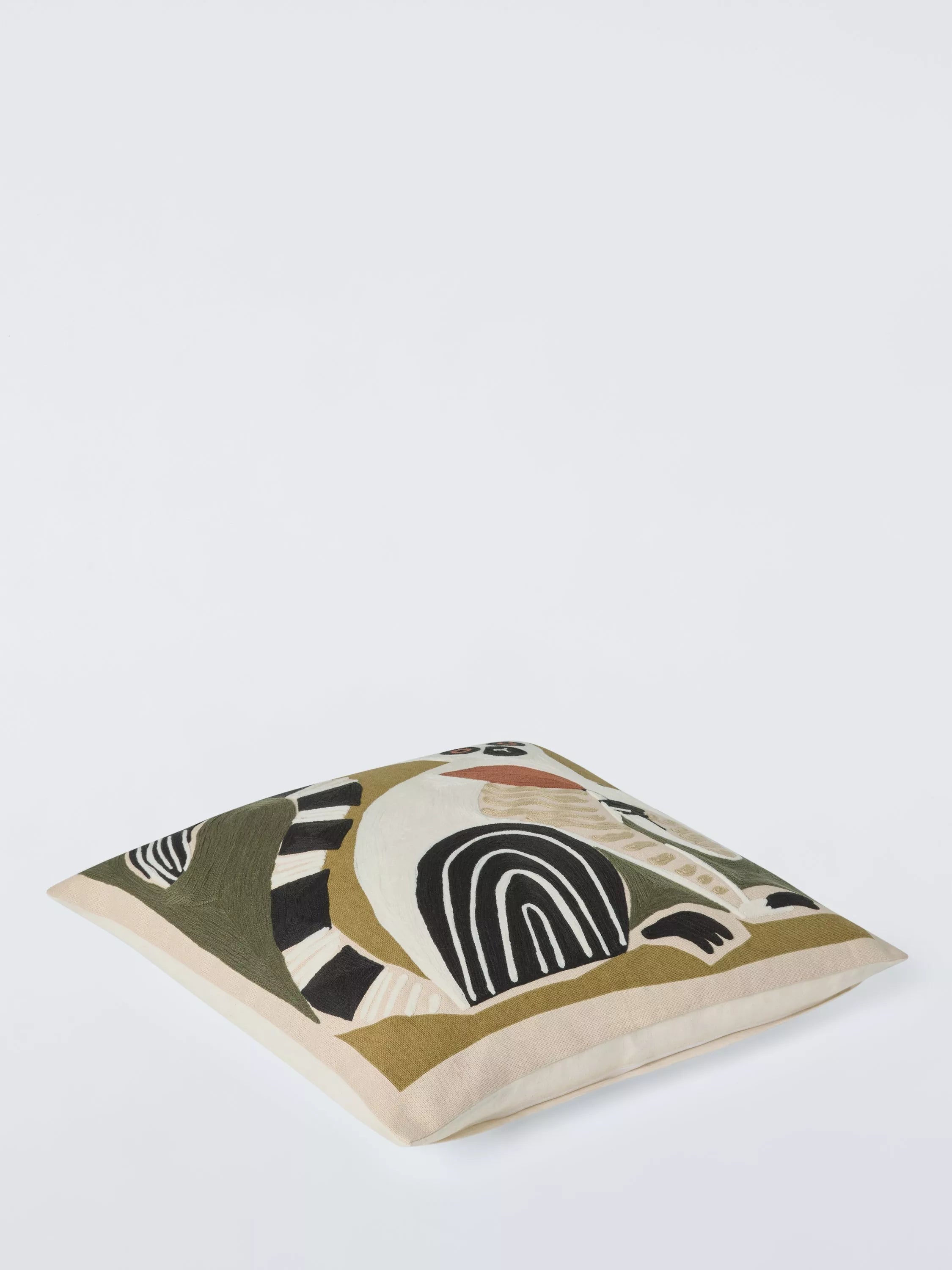 John Lewis cushion khaki green embroidered lemur 50x50cm, imported from the UK