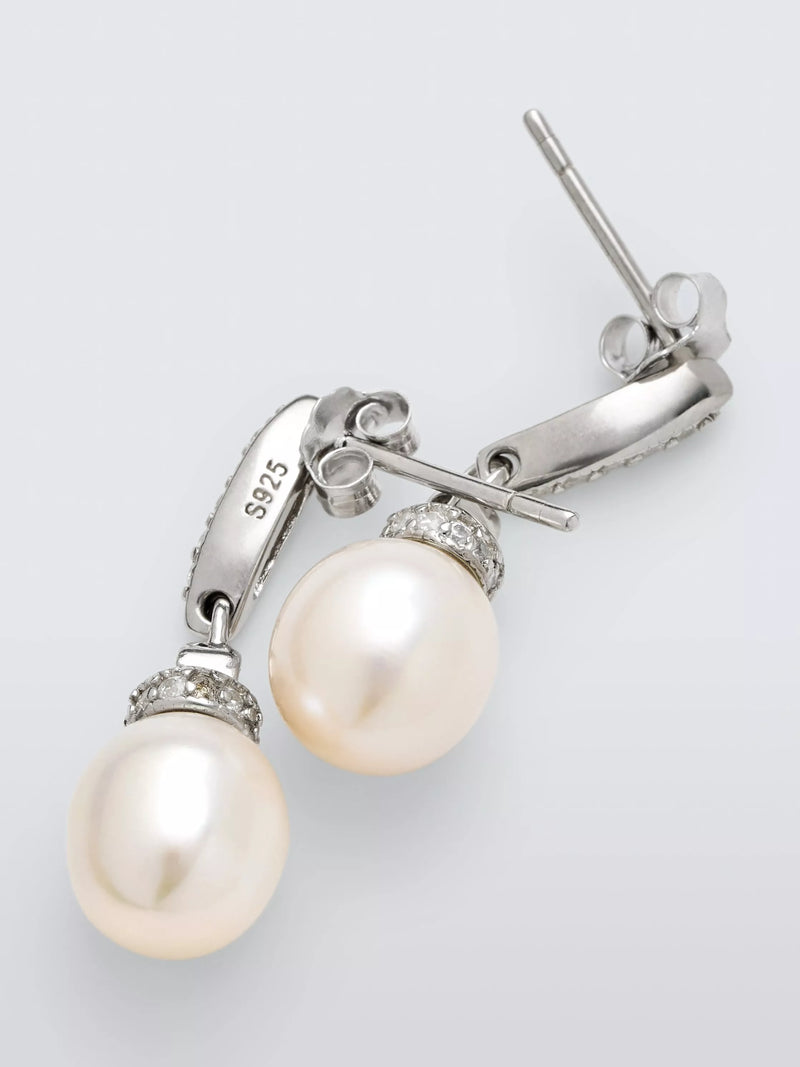 Lido freshwater pearl cubic zirconia drop earrings silver, UK version
