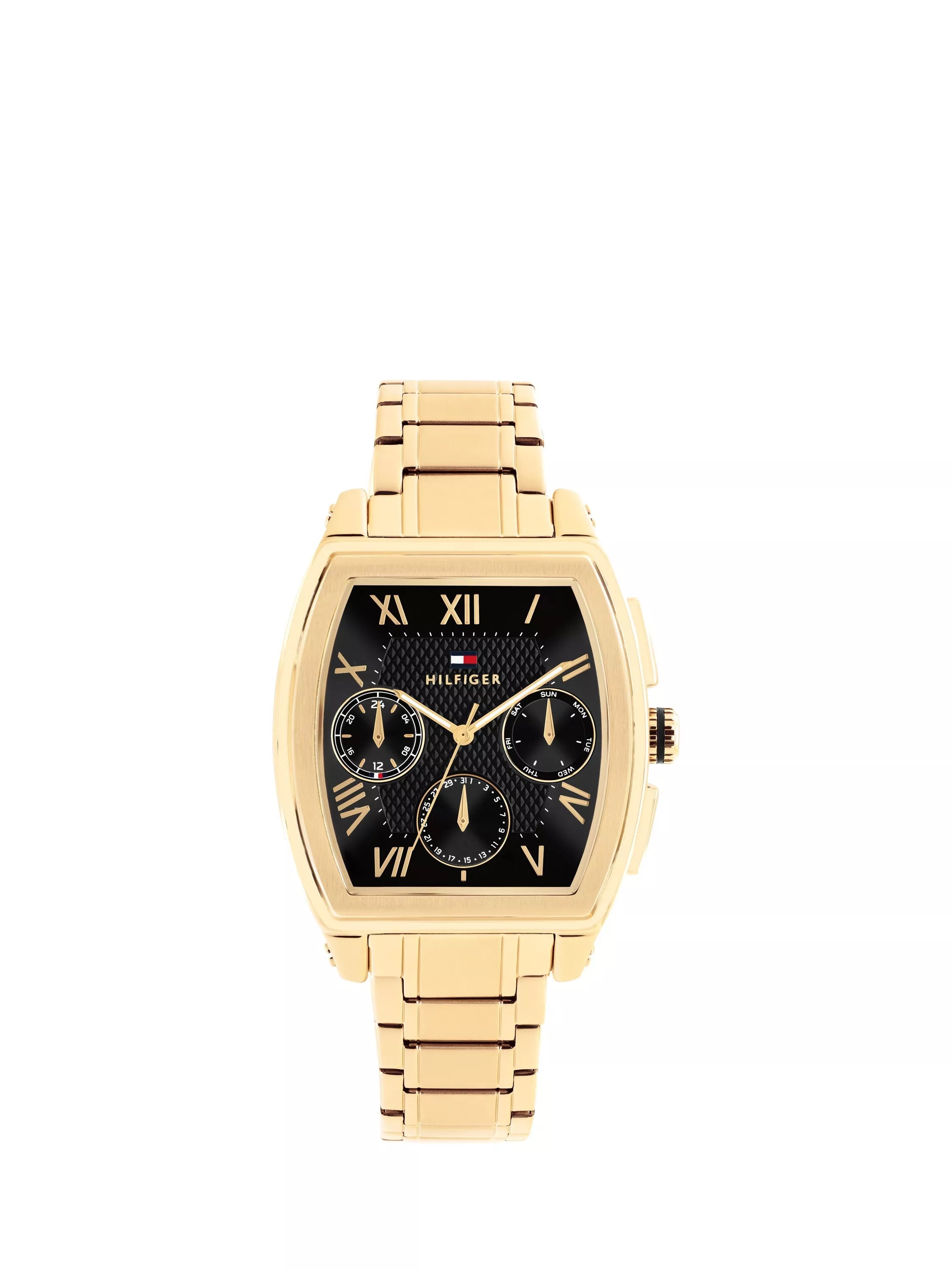 Tommy Hilfiger men's gold rectangular watch with sunray dial, UK version