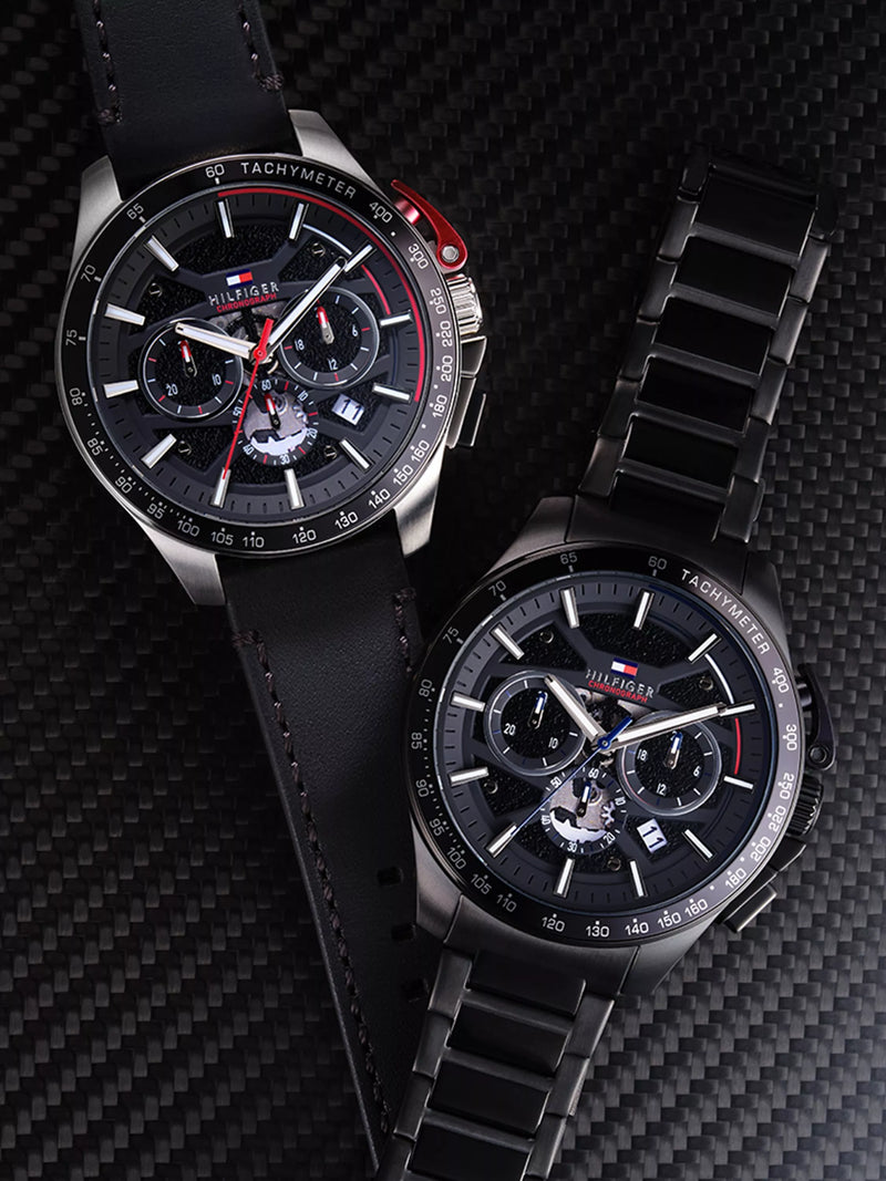 Tommy Hilfiger men's round leather strap watch 44mm, imported from the UK