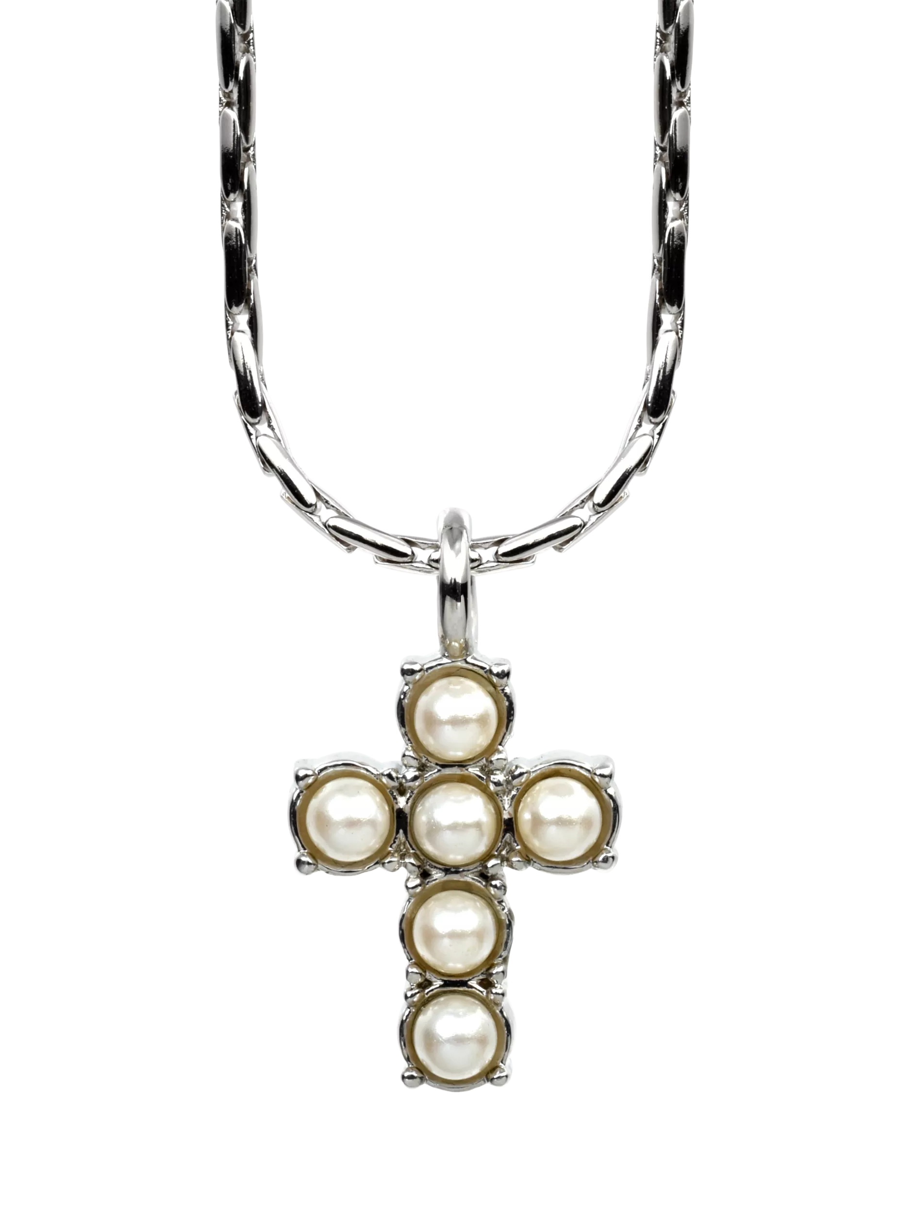 Eclectica vintage faux pearl cross pendant necklace 42cm, UK version