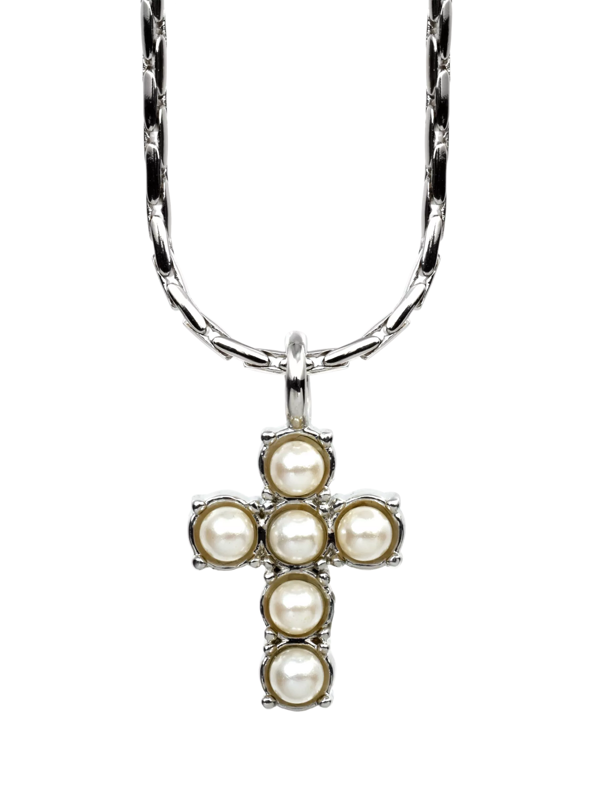 Eclectica vintage faux pearl cross pendant necklace 42cm, UK version