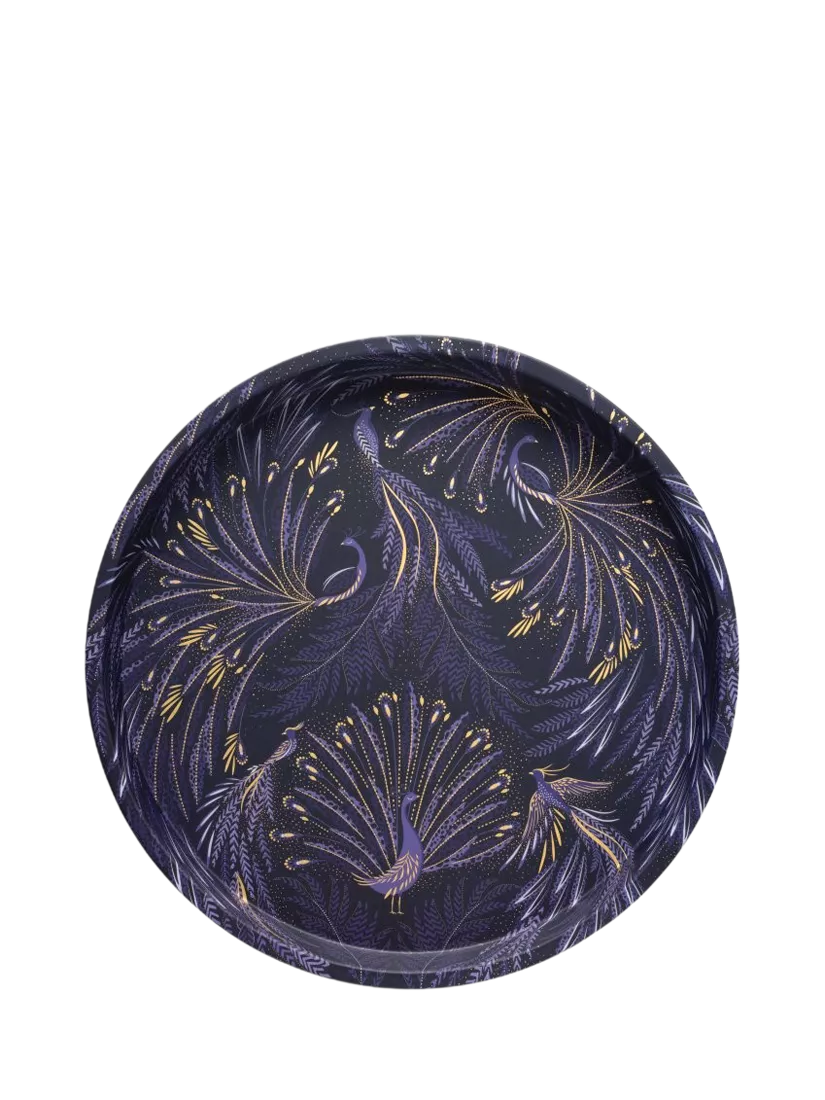 Sara Miller round tin tray with blue peacocks print, UK version